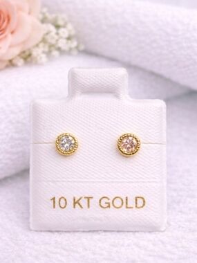 10K Gold Round Bezel Ball CZ Stud Earrings Screw Back Tiny Minimalist - 4.5mm